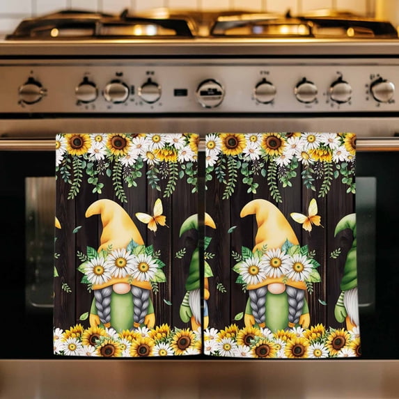 Spring Gnomes Kitchen Towels Set of 2, Farmhouse Botanical Sunflowers Wooden Grain Absorbent Dish Towels for Kitchen, Microfiber Hand Towel, Quick Drying Tea Towel for Cleaning Decorative Dishcloths