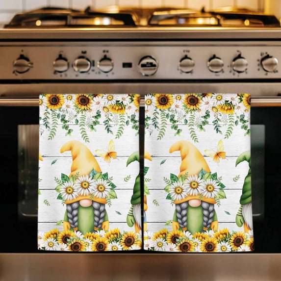 Spring Gnomes Kitchen Towels Set of 3, Botanical Yellow Flowers Leaves Wooden Plank Absorbent Dish Towels for Kitchen, Microfiber Hand Towel, Quick Drying Tea Towel for Cleaning Decorative Dishcloths