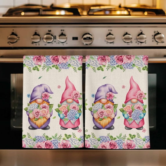 Spring Gnomes Kitchen Towels Set of 3, Vintage Botanical Blossom Rose Leaves Absorbent Dish Towels for Kitchen, Microfiber Hand Towel, Quick Drying Tea Towel for Cleaning Decorative Dishcloths