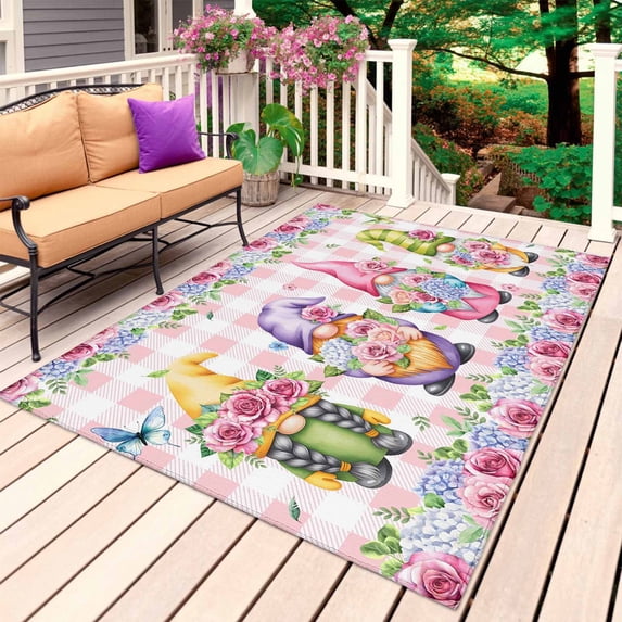 Spring Gnomes Outdoor Rug 5x7 Ft, Non Slip Washable Area Rug, Botanical Flowers Leaf Pink Buffalo Check Patio Rugs Carpet Runner, Large Floor Mat for Indoor/Outdoor Deck Porch Camping