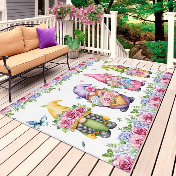 Spring Gnomes Outdoor Rug 5x7 Ft, Non Slip Washable Area Rug, Botanical Rose Flower Leaves Butterfly Patio Rugs Carpet Runner, Large Floor Mat for Indoor/Outdoor Deck Porch Camping