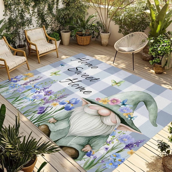 Spring Gnomes Outdoor Rug 6x9 Ft - Reversible Patio Rug Outdoor Camping Rugs, Botanical Flowers Purple Buffalo Plaid Washable Indoor Outdoor Area Rugs, Non-Slip Outdoor Carpet Runner for Deck/Porch