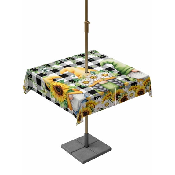 Spring Gnomes Outdoor Tablecloth - 54x54 Inch Square Dining Table Cover, Botanical Budding Sunflowers Buffalo Plaid Waterproof Outdoor Table Cloth with Umbrella Hole & Zipper for Picnic/Patio/Party
