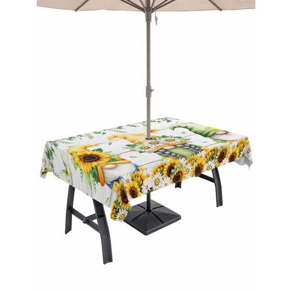Spring Gnomes Outdoor Tablecloth - 60x84 Inch Rectangle Dining Table Cover, Botanical Yellow Flowers Leaves Wooden Plank Waterproof Outdoor Table Cloth with Umbrella Hole & Zipper for Picnic/Patio