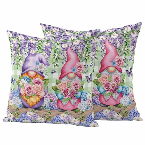 Spring Gnomes Pillow Covers 2 Pack Watercolor Purple Blue White Floral Leaf Green Plaid Wood Grain Pillowcase Waterproof Outdoor Throw Pillow Cover for Patio Garden Square Cushion 18”x18”
