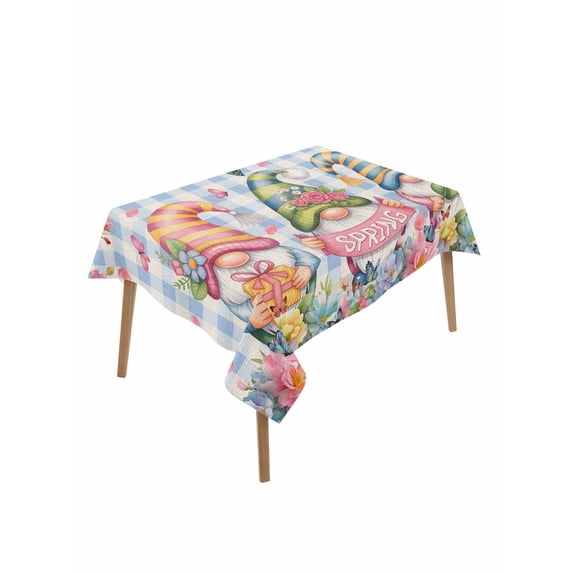Spring Gnomes Rectangle Tablecloth, Farmhhouse Floral Botanical Blue Plaid Waterproof & StainResistant Tablecloth, Washable Oil-proof Table Cover for Dining/Party/Wedding/Camping/Buffet 60x102 In