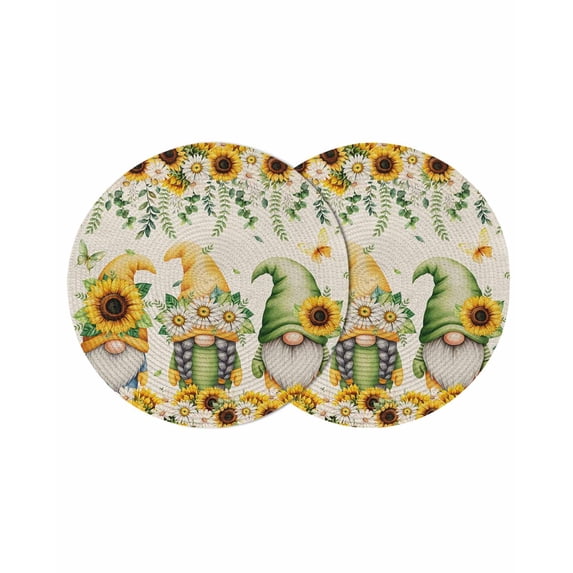 Spring Gnomes Round 13 Inch Placemats Set of 2, Retro Botanical Flowers Leaves Butterfly HeatResistant Non Slip Place Mats for Dining Table, Wipeable Braided Kitchen Table Mats for Housewarming