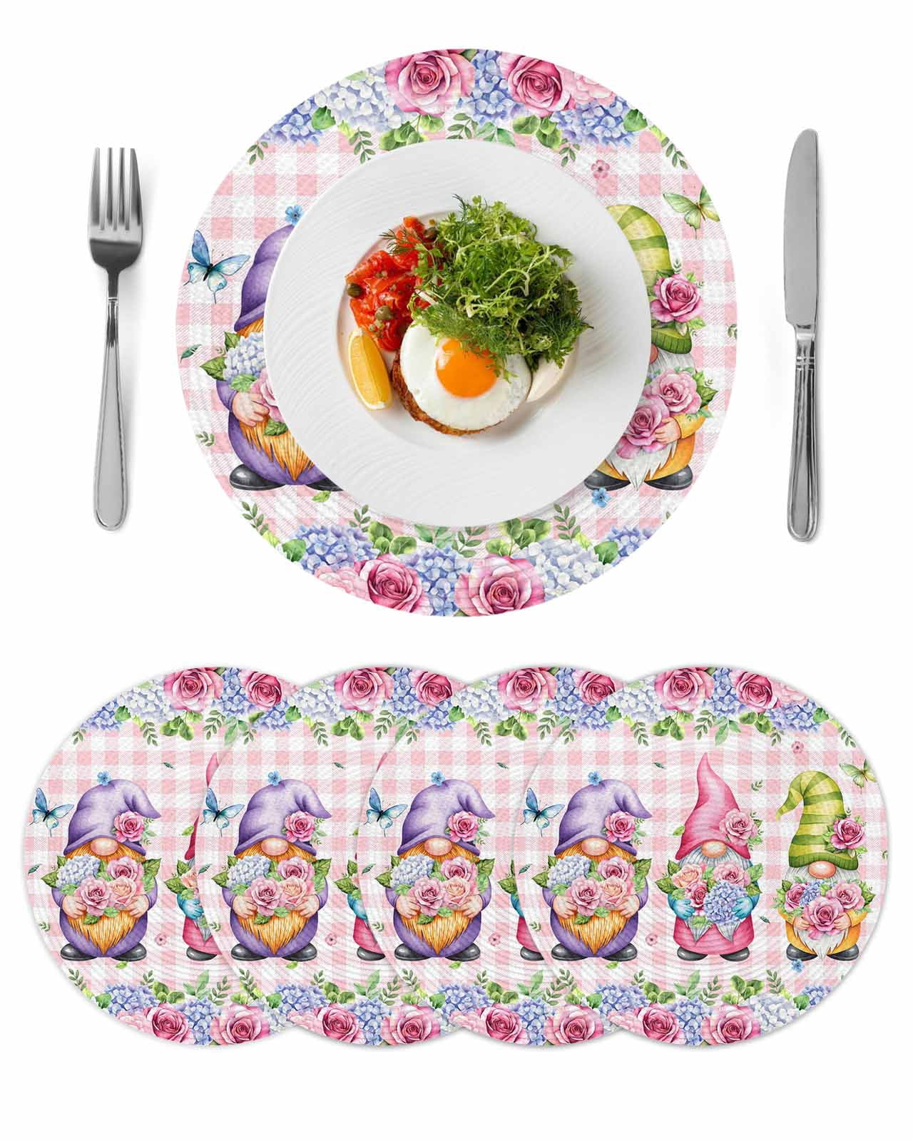 Spring Gnomes Round 13 Inch Placemats Set of 4, Botanical Flowers Leaf ...
