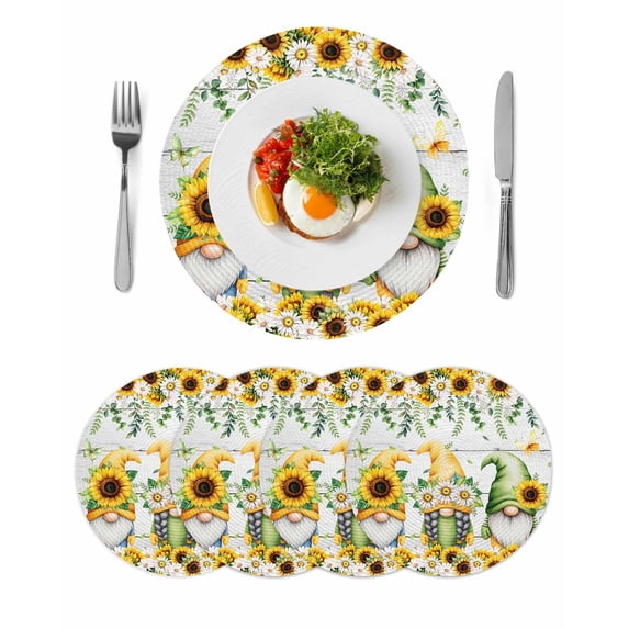 Spring Gnomes Round 13 Inch Placemats Set of 4, Botanical Yellow Flowers Leaves Wooden Plank HeatResistant Non Slip Place Mats for Dining Table, Wipeable Braided Kitchen Table Mats for Housewarming