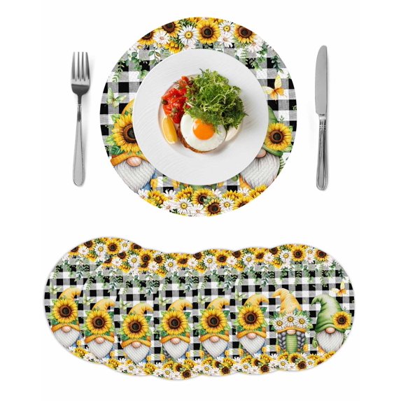 Spring Gnomes Round 13 Inch Placemats Set of 6, Botanical Budding Sunflowers Buffalo Plaid HeatResistant Non Slip Place Mats for Dining Table, Wipeable Braided Kitchen Table Mats for Housewarming