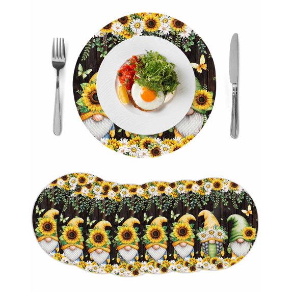 Spring Gnomes Round 13 Inch Placemats Set of 6, Farmhouse Botanical Sunflowers Wooden Grain HeatResistant Non Slip Place Mats for Dining Table, Wipeable Braided Kitchen Table Mats for Housewarming