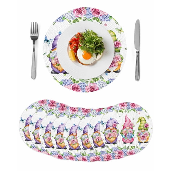 Spring Gnomes Round 13 Inch Placemats Set of 8, Botanical Rose Flower Leaves Butterfly HeatResistant Non Slip Place Mats for Dining Table, Wipeable Braided Kitchen Table Mats for Housewarming