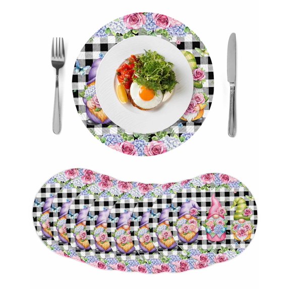 Spring Gnomes Round 15 Inch Placemats Set of 8, Botanical Rose Leaves Black Buffalo Plaid HeatResistant Non Slip Place Mats for Dining Table, Wipeable Braided Kitchen Table Mats for Housewarming