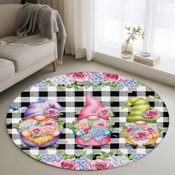 Spring Gnomes Round Area Rug 3.3Ft Washable Circle Rugs for Dining Room Table, Botanical Rose Leaves Black Buffalo Plaid Non-Slip Carpet Floor Mats Indoor Outdoor Carpet Runner Aesthetic Home Decor
