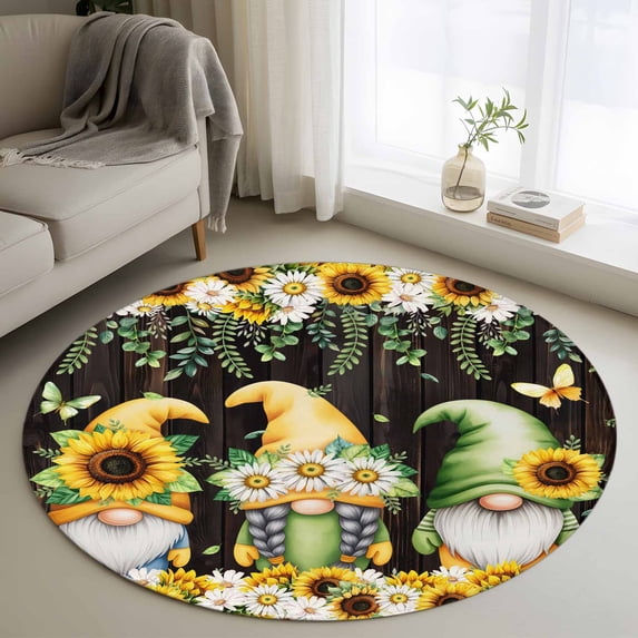 Spring Gnomes Round Area Rug 3.3Ft Washable Circle Rugs for Dining Room Table, Farmhouse Botanical Sunflowers Wooden Grain Non-Slip Carpet Floor Mats Indoor Outdoor Carpet Runner Aesthetic Home Decor