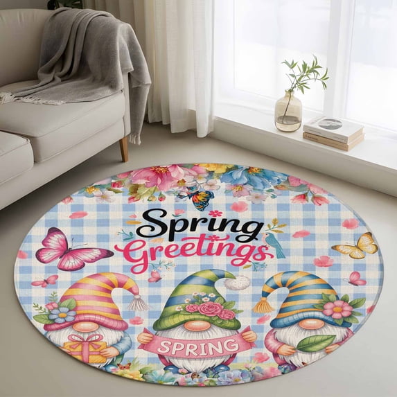 Spring Gnomes Round Area Rug 4Ft Washable Circle Rugs for Bedroom Dining Room, Farmhhouse Floral Botanical Blue Plaid Non-Slip Carpet Floor Mats Indoor Outdoor Carpet Runner Aesthetic Home Decor