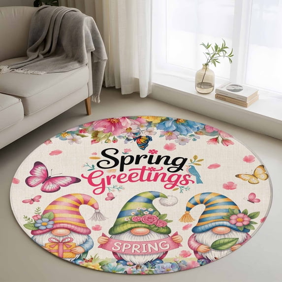 Spring Gnomes Round Area Rug 4Ft Washable Circle Rugs for Bedroom Dining Room, Farmhhouse Floral Botanical Rustic Non-Slip Carpet Floor Mats Indoor Outdoor Carpet Runner Aesthetic Home Decor