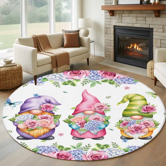Spring Gnomes Round Area Rug 6Ft Washable Circle Rugs for Bathroom Office, Botanical Rose Flower Leaves Butterfly Non-Slip Carpet Floor Mats Indoor Outdoor Carpet Runner Aesthetic Home Decor
