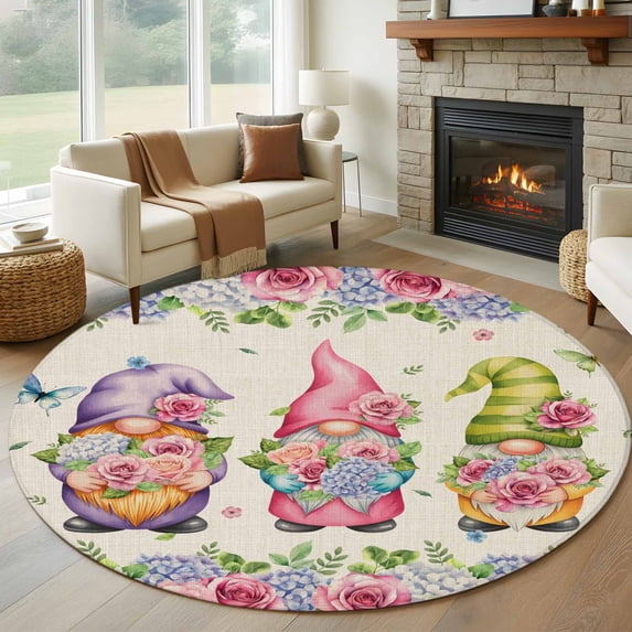 Spring Gnomes Round Area Rug 6Ft Washable Circle Rugs for Bathroom Office, Vintage Botanical Blossom Rose Leaves Non-Slip Carpet Floor Mats Indoor Outdoor Carpet Runner Aesthetic Home Decor