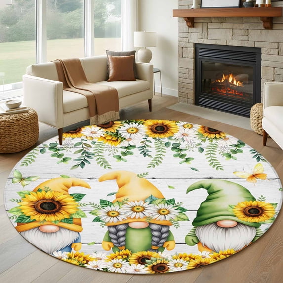 Spring Gnomes Round Rug 8ft Washable Circle Rugs Non Slip Botanical Yellow Flowers Leaves Wooden Plank Large Area Rug Indoor Floor Carpet for Bedroom Kitchen Living Room Home Office Dining Room