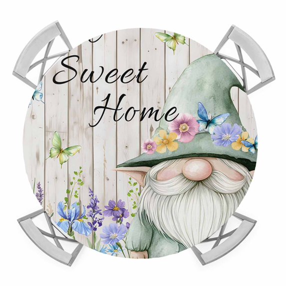 Spring Gnomes Round Tablecloth for 45-54 Inch Tables,Fitted Table Cover with Elastic Edge,Rustic Botanical Flowers Beige Wooden Waterproof Outdoor Table Cloth Protector for Patio Garden Dinner Picnic