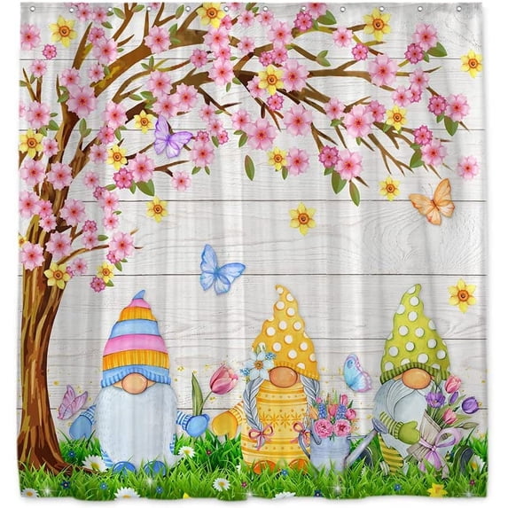 Spring Gnomes Shower Curtain White Wood Board Flower Butterfly Floral Tree Grassland Bath House Easy Care Polyester Fabric Cute Bathroom Decor Bathtub Sets Home Decorations 72"x72"