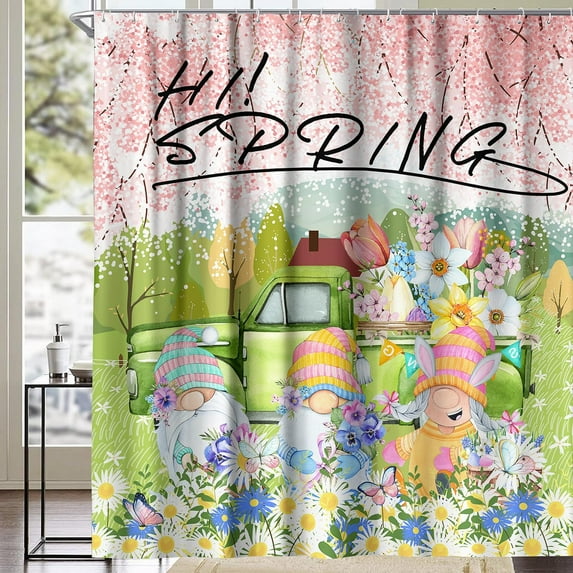 Spring Gnomes Shower Curtains Hi Spring Floral Curtain for Bathroom Pink Flowers Green Rustic Truck Bathroom Decor Bathtub Sets Home Garden Decor with 12 Hooks of Waterproof Fabric 72" x 72"