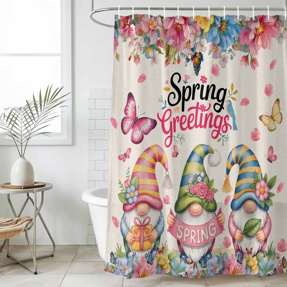 Spring Gnomes Small Stall Shower Curtain, Waterproof Shower Curtains for Bathroom, Farmhhouse Floral Botanical Rustic Washable Fabric Cloth Bath Curtain for Bathtub Decoration with Hooks 36x72 Inches