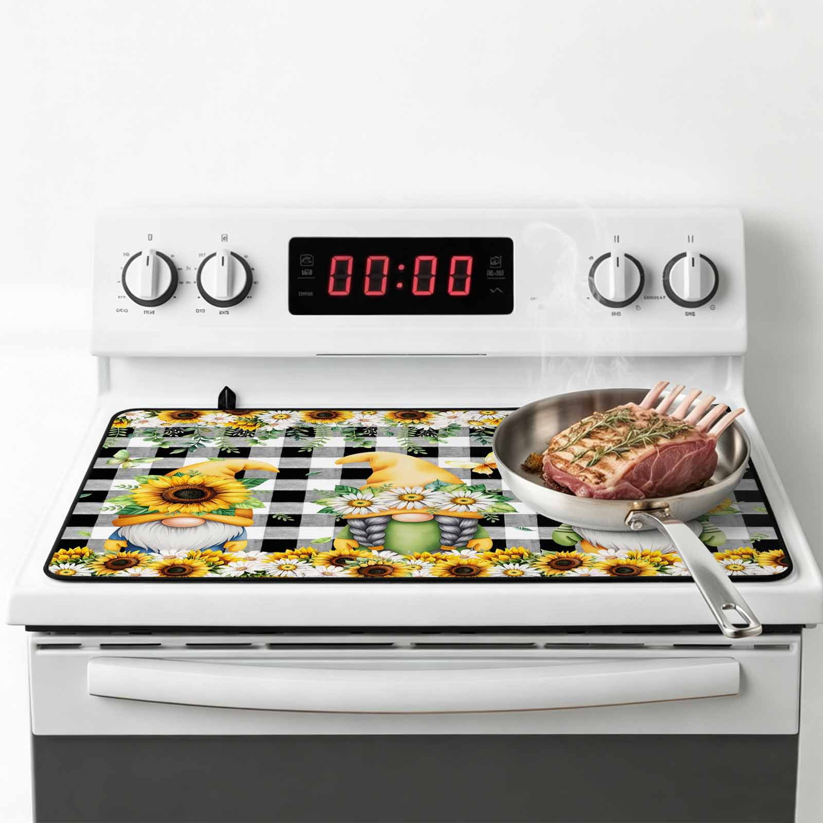 Spring Gnomes Stove Top Cover for Electric Stove, Heat-proof & Non Slip Glass Top Stove Cover Protector, Botanical Budding Sunflowers Buffalo Plaid Kitchen Flat Cooktop Rubber Mat 24x21 Inches