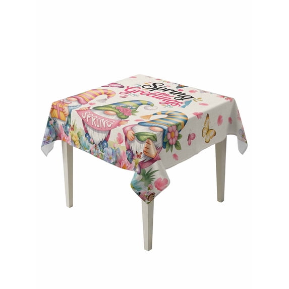 Spring Gnomes Suqare Tablecloth - 60 x 60 Inch, Farmhhouse Floral Botanical Rustic Waterproof & StainResistant Tablecloth, Washable Oil-proof Table Cover for Dining/Party/Wedding/Camping/Buffet