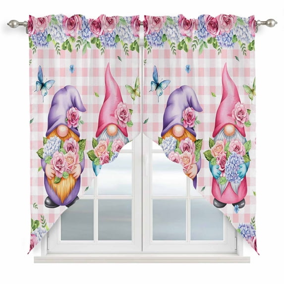 Spring Gnomes Swag Curtains for Kitchen/Bedroom/Living Room, Botanical Flowers Leaf Pink Buffalo Check Scalloped Curtains 63 Inch Long, Window Swag Topper Curtains Valances 2 Panels Set 36"x63"