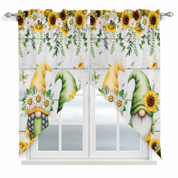 Spring Gnomes Swag Curtains for Kitchen/Bedroom/Living Room, Botanical Yellow Flowers Leaves Wooden Plank Scalloped Curtains 63 Inch Long, Window Swag Topper Curtains Valances 2 Panels Set 36"x63"