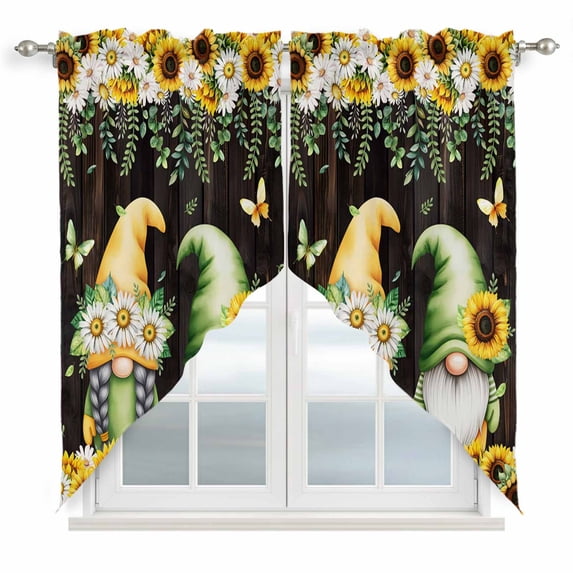Spring Gnomes Swag Valances for Windows 2 Pack, Kitchen Window Curtains 36 Inch Length, Farmhouse Botanical Sunflowers Wooden Grain Privacy Swag Curtains for Living Room/Bathroom 36"x36"