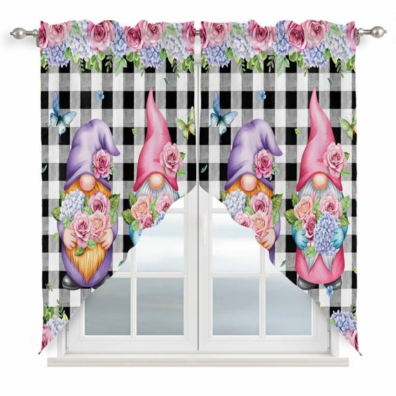 Spring Gnomes Swag Valances for Windows, Kitchen Curtains 36 Inch Length 2 Panels Set, Botanical Rose Leaves Black Buffalo Plaid Short Curtains for Small Windows Rod Pocket Cafe Curtains 28"x36"