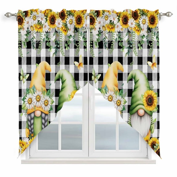 Spring Gnomes Swag Valances for Windows, Kitchen Window Curtains Over Sink, Botanical Budding Sunflowers Buffalo Plaid Window Treatment Curtains for Living Room/Bedroom Curtains 2 Panel Sets 36"x45"