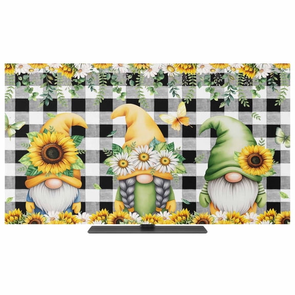 Spring Gnomes TV Dust Cover,Stretchable TV Screen Desktop Computer Protector Cover,Botanical Budding Sunflowers Buffalo Plaid Television Dustproof Slipcover for 19–24 Inch Flat or Curved TVs