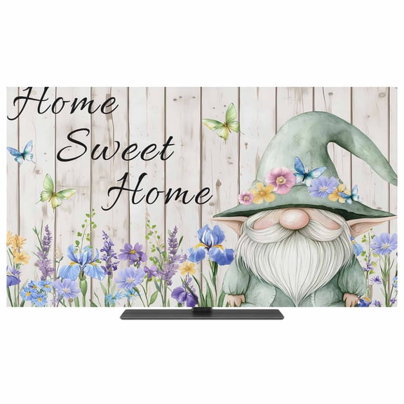 Spring Gnomes TV Dust Cover,Stretchable TV Screen Desktop Computer Protector Cover,Rustic Botanical Flowers Beige Wooden Television Dustproof Slipcover for 19–24 Inch Flat or Curved TVs