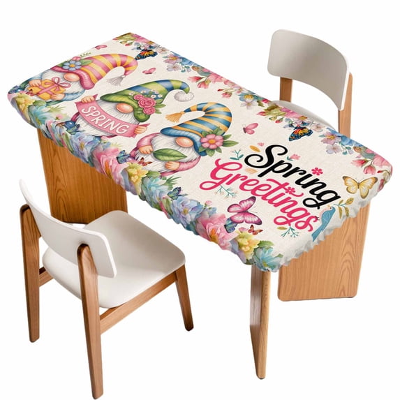 Spring Gnomes Table Cloths for 3 Foot Rectangle Tables, Farmhhouse Floral Botanical Rustic Patio Waterproof Elastic Fitted Tablecloths, Washable Rectangular Table Cover for Camping