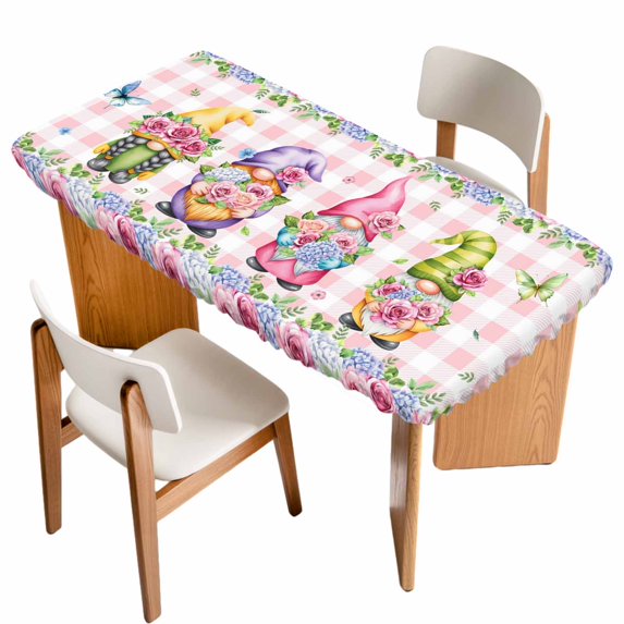 Spring Gnomes Table Cloths for 5 Foot Rectangle Tables, Botanical Flowers Leaf Pink Buffalo Check Patio Waterproof Elastic Fitted Tablecloths, Washable Rectangular Table Cover for Camping