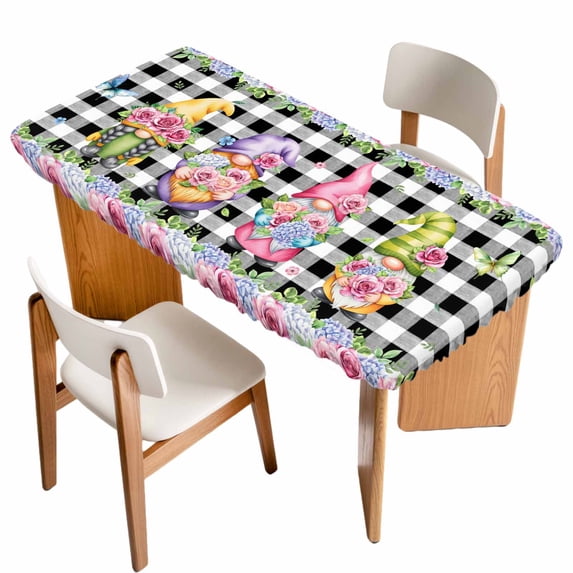 Spring Gnomes Table Cloths for 5 Foot Rectangle Tables, Botanical Rose Leaves Black Buffalo Plaid Patio Waterproof Elastic Fitted Tablecloths, Washable Rectangular Table Cover for Camping
