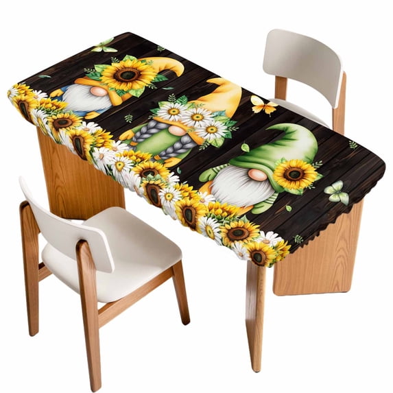 Spring Gnomes Table Cloths for 5 Foot Rectangle Tables, Farmhouse Botanical Sunflowers Wooden Grain Patio Waterproof Elastic Fitted Tablecloths, Washable Rectangular Table Cover for Camping