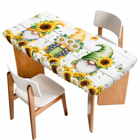 Spring Gnomes Table Cloths for 6 Foot Rectangle Tables, Botanical Yellow Flowers Leaves Wooden Plank Patio Waterproof Elastic Fitted Tablecloths, Washable Rectangular Table Cover for Camping