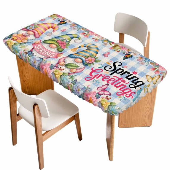 Spring Gnomes Table Cloths for 6 Foot Rectangle Tables, Farmhhouse Floral Botanical Blue Plaid Patio Waterproof Elastic Fitted Tablecloths, Washable Rectangular Table Cover for Camping