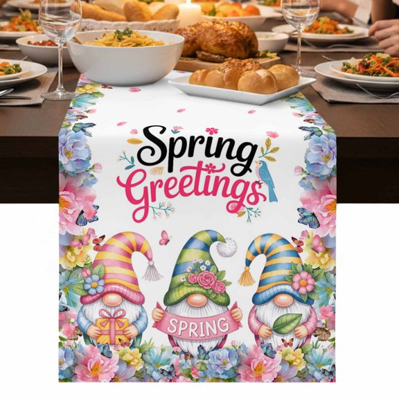 Spring Gnomes Table Runner 70 Inch Long Dresser Scarves Linen Tablerunners Colorful Flowers Watercolor Butterfly Floral Plant Dining Kitchen Burlap Table Setting Decor for Holiday Coffee, 13"x70"