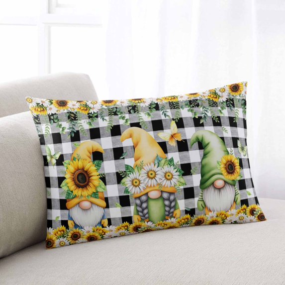Spring Gnomes Throw Pillow Covers, Botanical Budding Sunflowers Buffalo Plaid Soft Breathable Pillow Cases with Invisible Zipper, Toddler Pillowcases for Couch Bed Sofa Chair 12x20 Inches