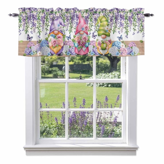 Spring Gnomes Valance Curtain for Windows Watercolor Purple Blue White Floral Leaf Butterflies Wood Grain Rod Pocket Curtain Valances Short Window Treatments for Kitchen Bathroom Laundry 54 x 18 Inch