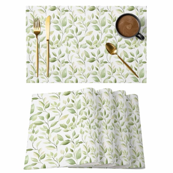 Spring Gradient Green Leaves Placemats Set of 6,Wipeable Washable Table Mats for Dining Tables, Watercolor Botantical Place Mats for Kitchen Event Party Tabletop Decor