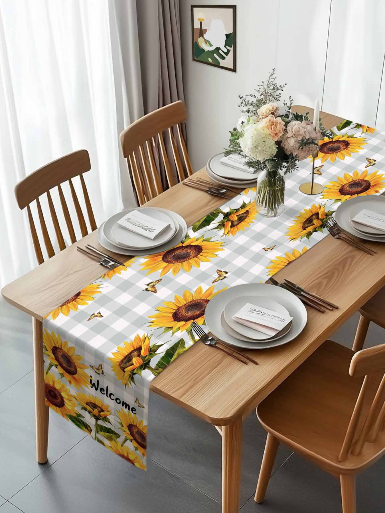 Spring Gradient Yellow Sunflower Table Runner 90 Inches Long, Farm Butterfly on Grey Plaid Table Runners Tabletop Scarf Kitchen Dining Tables Decoration for Home Party Indoor Outdoor