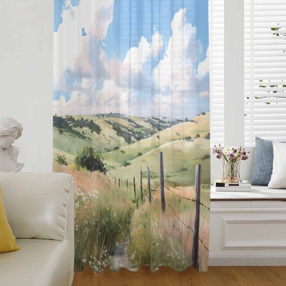 Spring Grassland Sheer Curtains 45 Inches Long for Living Room/Bedroom, Nature Blue Sky Mountain Scenery Rod Pocket Voile Kitchen Curtains & Drapes Window Treatment 1 Panel, 52"W x 45"L