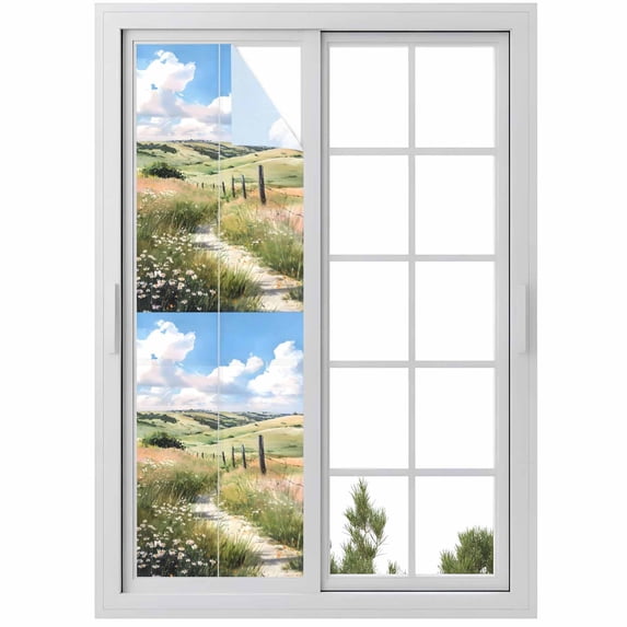 Spring Grassland Window Privacy Film, Nature Blue Sky Mountain Scenery Static Cling UV Sun Blocking Heat Control Window Tint Day and Night, Non-Adhesive One Way Windows Privacy Cover 17.7''x78.7''